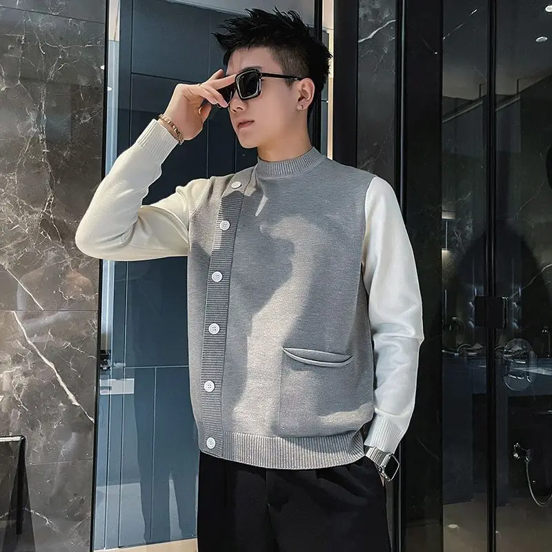 Camisa de punto con Cuello medio alto para hombre, camisa versátil de manga larga, informal, negocios, moda, otoño e invierno, 2023