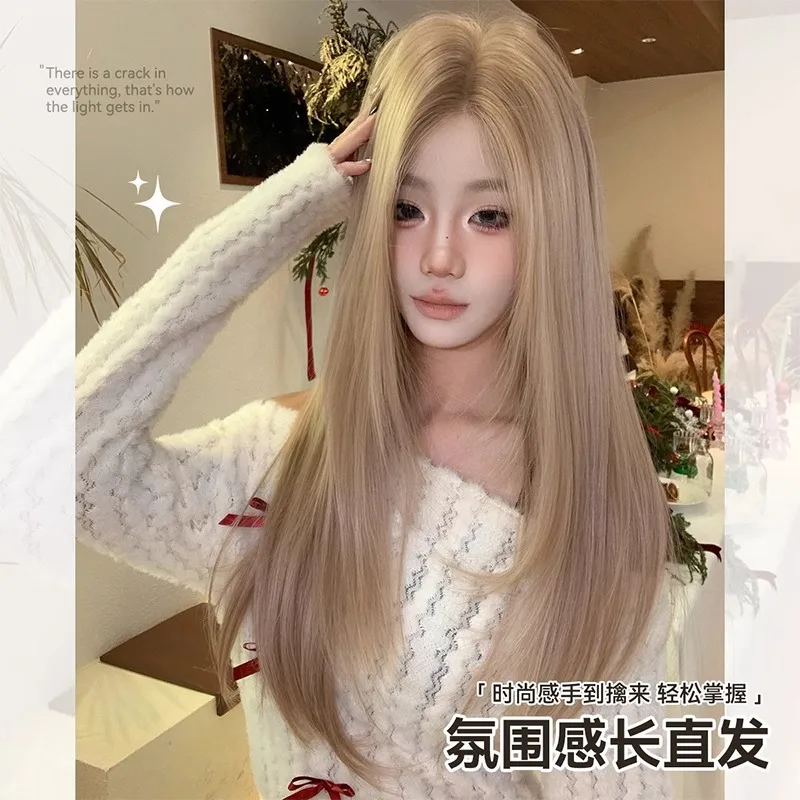 Synthetic Long Straight Wig for Women, Korean Style Face-Framing Center Part Hand-Tied Lace Cosplay Natural Look Full Cap