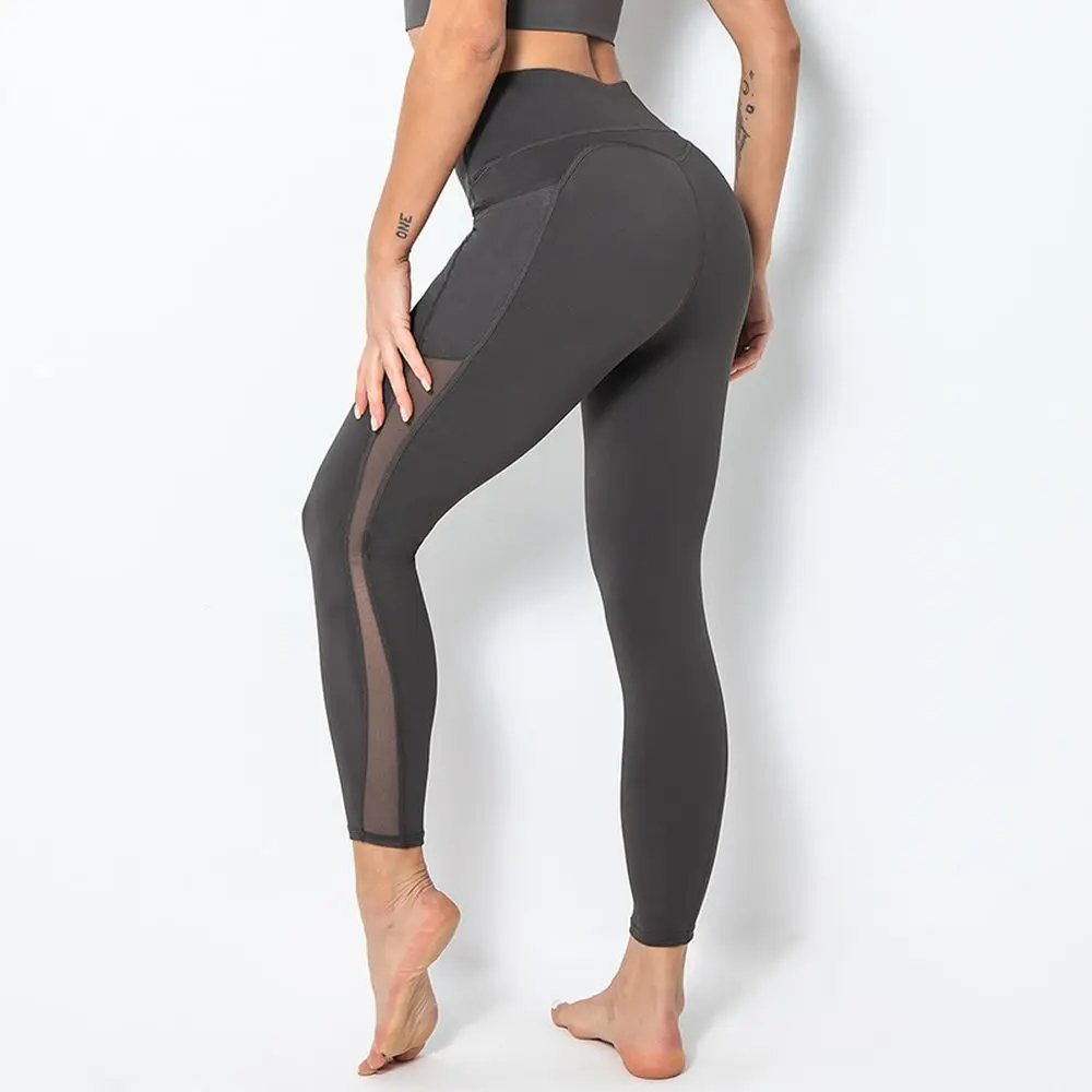 

Women Yoga Pants Fitness Sports Leggings Seamless High Waist Female High Elastic Mesh Stitching Tights Pants With Pocket Ladies