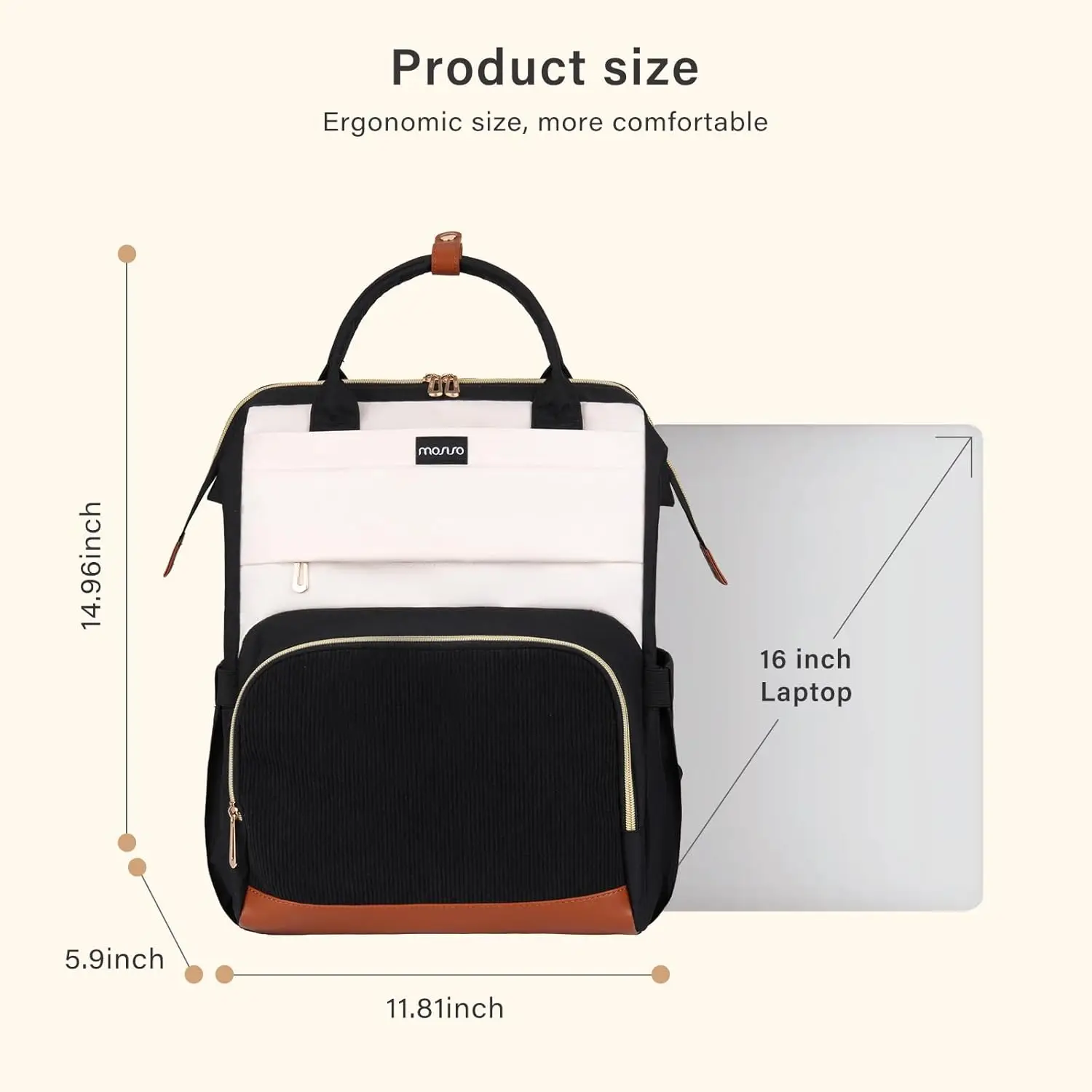 MOSISO Laptop Backpack for Women 15.6 inch Laptop Bag with USB Charging Port&Front Corduroy Pocket Travel Office College Fashion