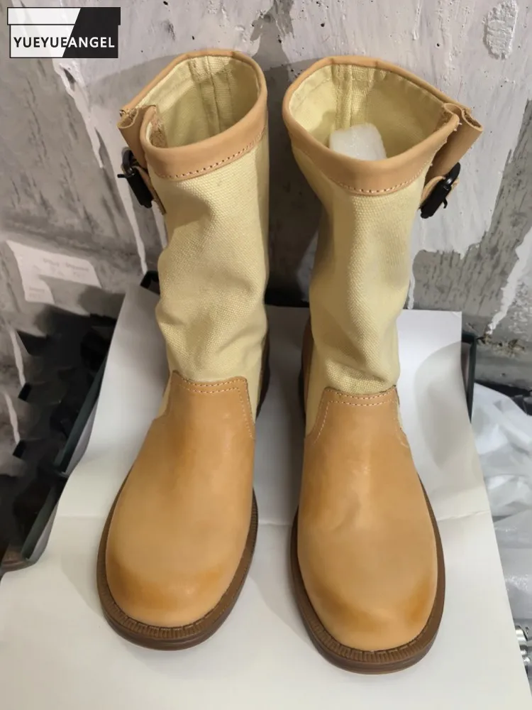 Winter Vintage Women Comfortable Round Toe Cow Leather Patchwork Canvas Wear Resistant Casual Fashion Lady Mid Heel Ankle Boots
