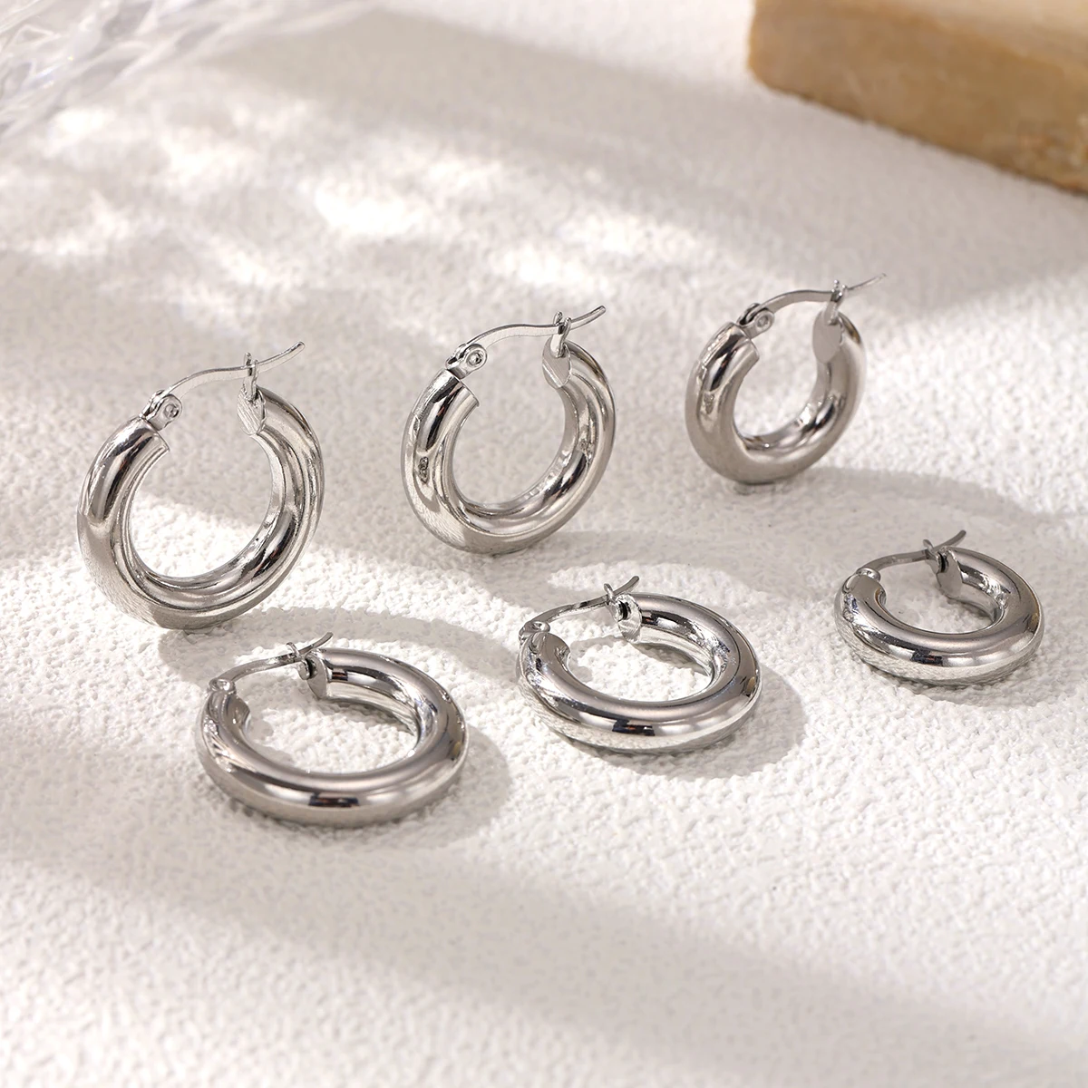 Non Tarnish Stainless Steel Earrings Waterproof Thick Gold Hoops Hypoallergenic for Sensitive Ears Minimalist Jewelry Gift