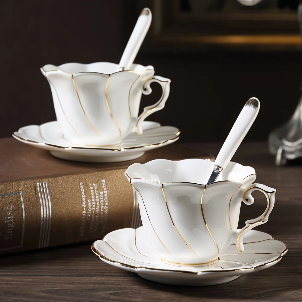 19Pcs European Style Ceramic Coffee Cup Saucer Spoon Set, 6 Cups 6 Saucers 6 Spoons 1 Holder, for Tea Coffee Home Use