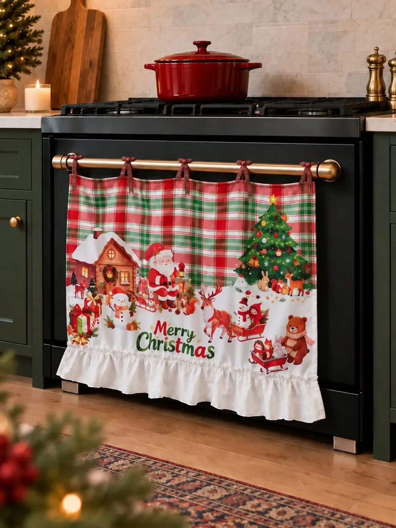 Red Nordic Christmas Oven Skirt, Vintage Farmhouse Stove Door Decor Curtain, Soft Polyester Fabric with Ties & White Ruffle