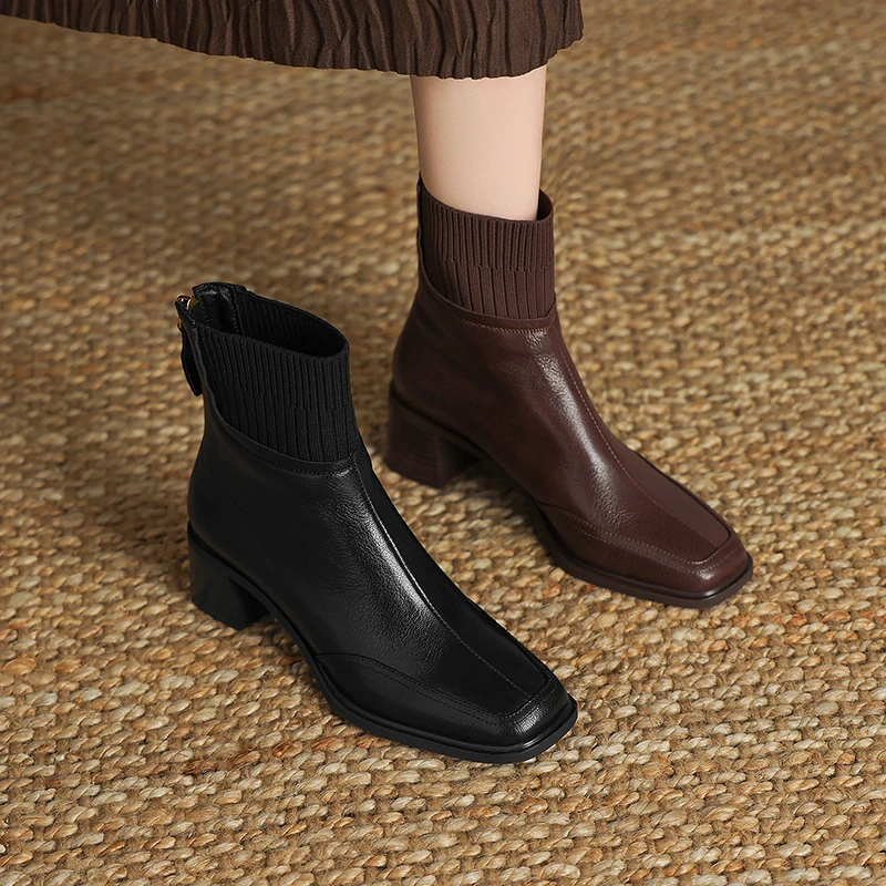 2026 autumn winter women ankle boots natural leather plus size 22-26cm sheepskin round toe thick heel back zip short boots