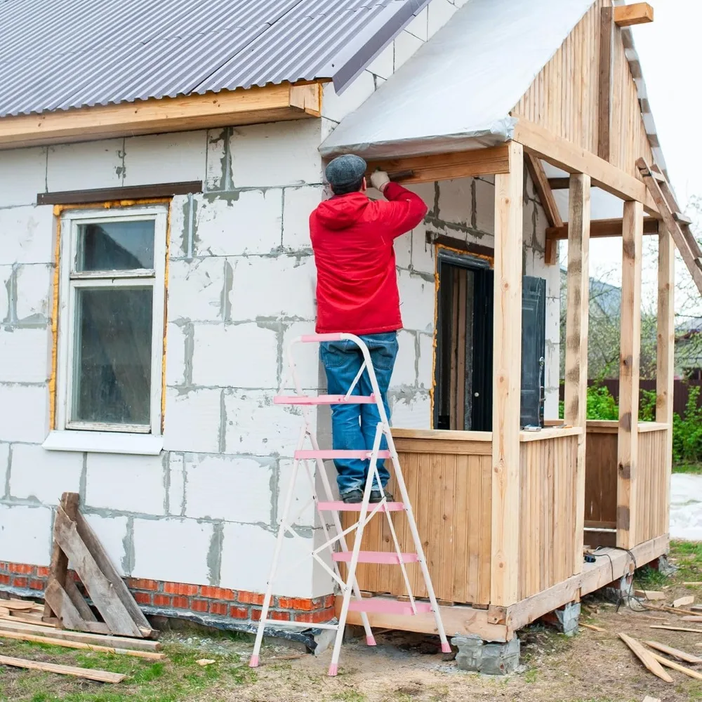 Escalera plegable con bandeja para herramientas, capacidad de 400 libras, pedales antideslizantes, ligera, portátil, construcción de acero resistente, ideal f