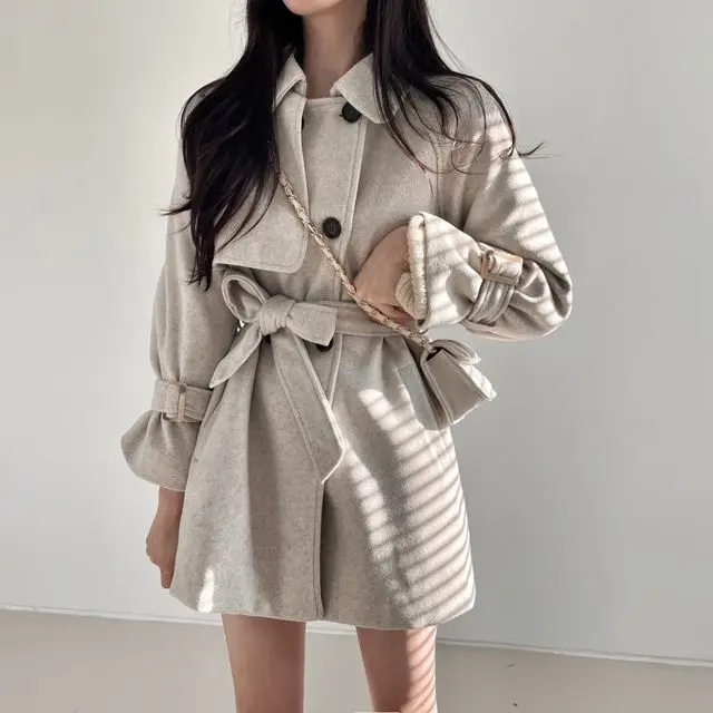 Chic Briti Sle abrigo de lana holgado cortavientos versátil informal cuello vuelto con cinturón prendas de vestir exteriores Retro para mujer