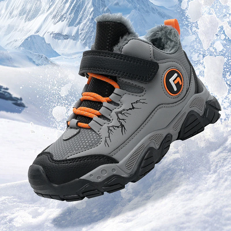 

New Children Shoes Winter Outdoor Hiking Shoes for Kids Warm Plush PU Leather Sneakers Boys Waterproof Anti-slip Sports Shoes