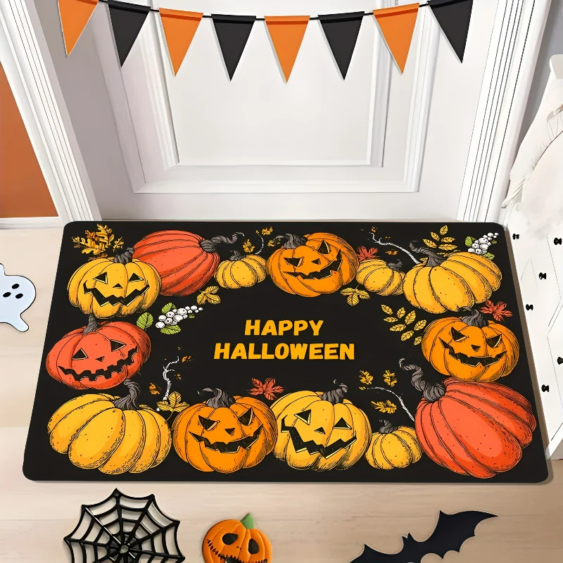 Halloween Pumpkin Area Rug Happy Halloween Lettering & Jack-o-Lantern Pattern Ccarpet Home Decor Carpet Kitchen Bathroom