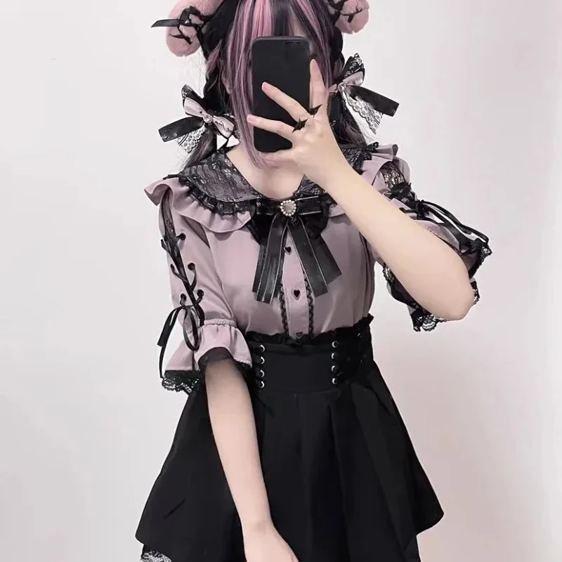 

Викторианская готика Лолита Блузки с бантом Японский стиль Сладкая повязка с коротким рукавом Кружева Питер Пэн Воротник Jk Рубашка Женские топы в стиле панк Y2k