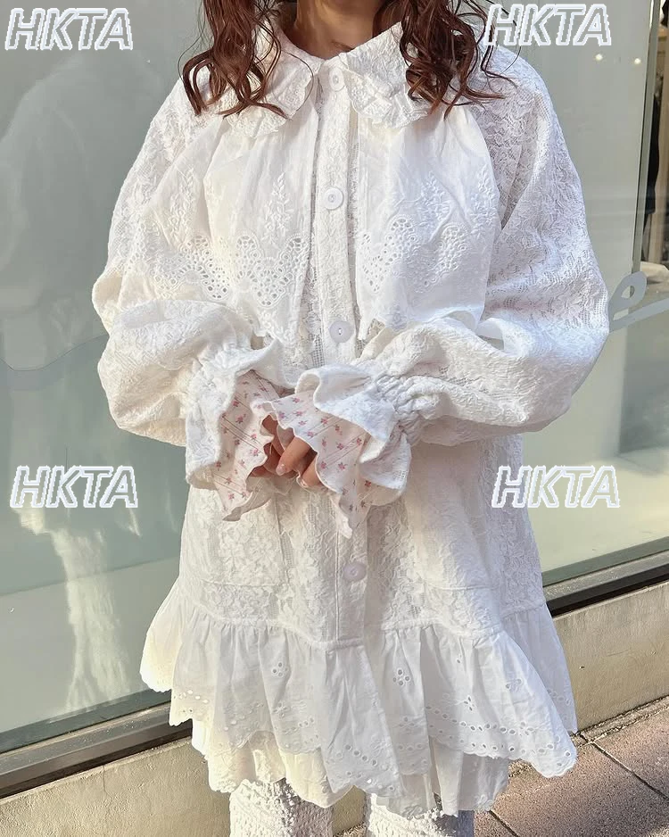 Vestido de manga larga con volantes y encaje bordado japonés para mujer, novedad de otoño, vestido camisero holgado de talla grande con cuello con volantes