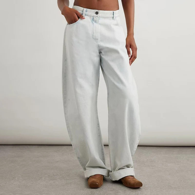 

Ladies' washed blue jeans, fashionable high-waisted casual loose wide-leg pants, high-quality pure cotton long pants, 2025, new