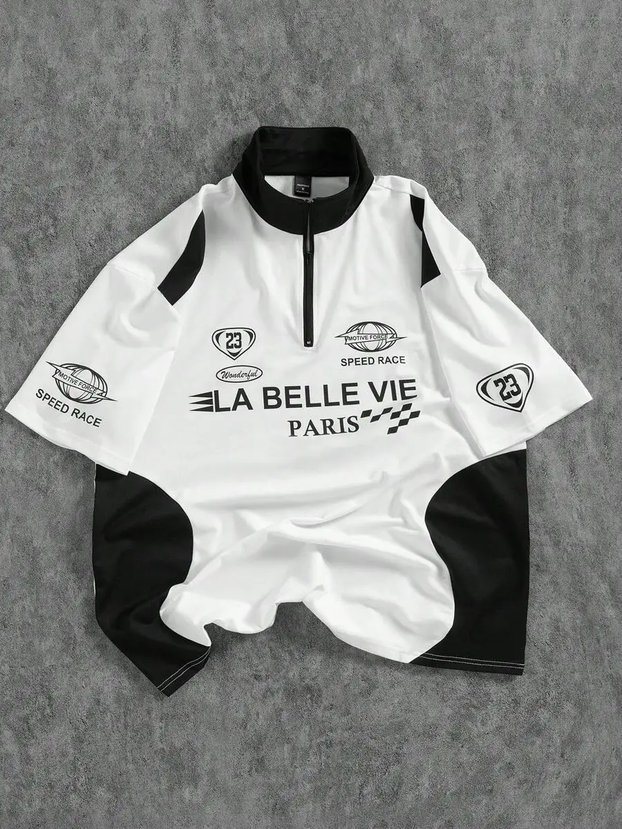 

Men's White Black Patchwork Half-Zip Graphic Short Sleeve Shirt