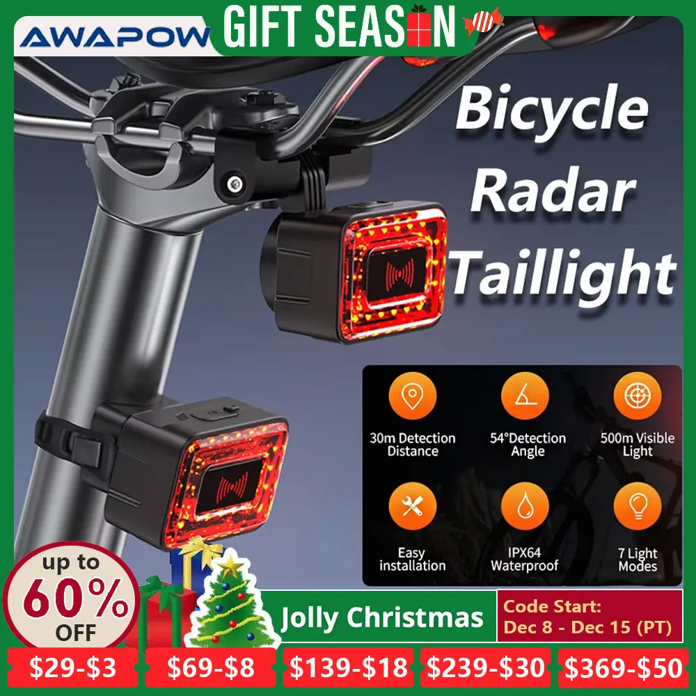 Awapow Bike Radar Tail Light IPX64 Waterproof Bicycle Night Riding Rear Light Type-C Charging Warning Light Bike Accessories