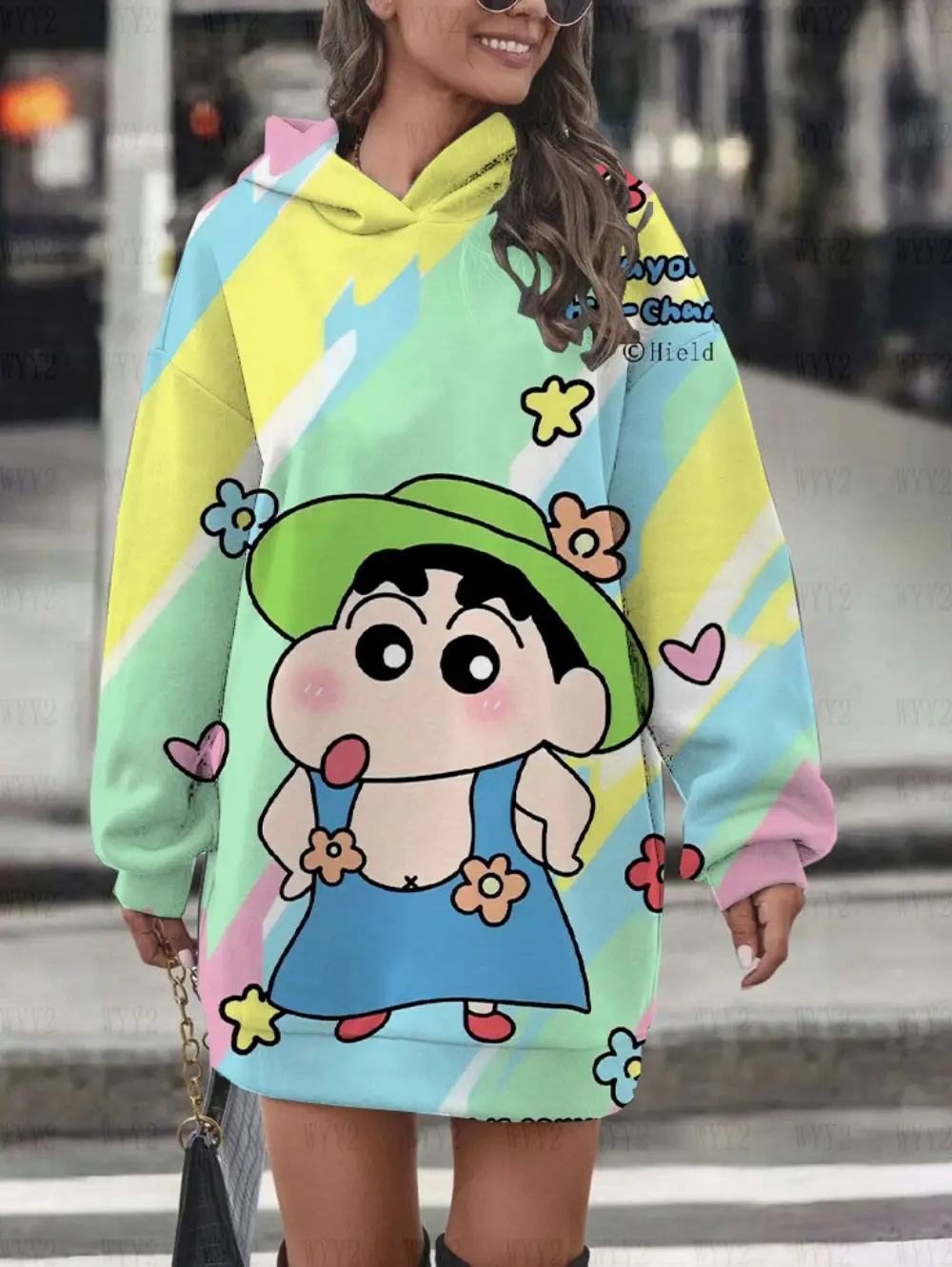 2024 popular large-size T-shirt sweater female Crayon Shin-chan print temperament age reduction slim mid-length hoodie dress