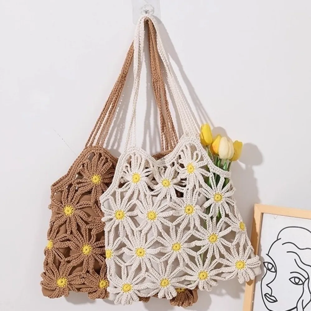 

Сумка на плечо из хлопчатобумажной пряжи с узором ромашки, полая сумка с одним ремешком, полый дизайн, женская сумка ручной работы, повседневное использование