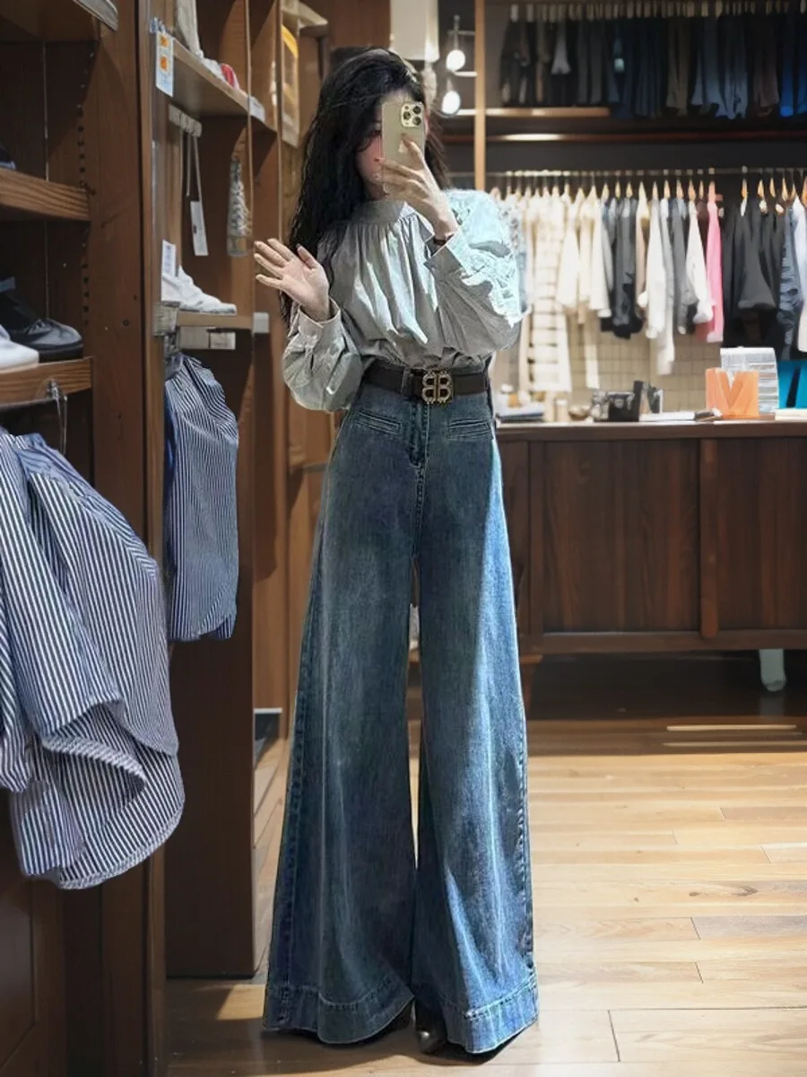 

Blue Wide Leg Denim Jeans Women's Small Size Spring Summer Hong Kong Sle Retro High Waist Slimming Dra Lazy Floor-Lengt...