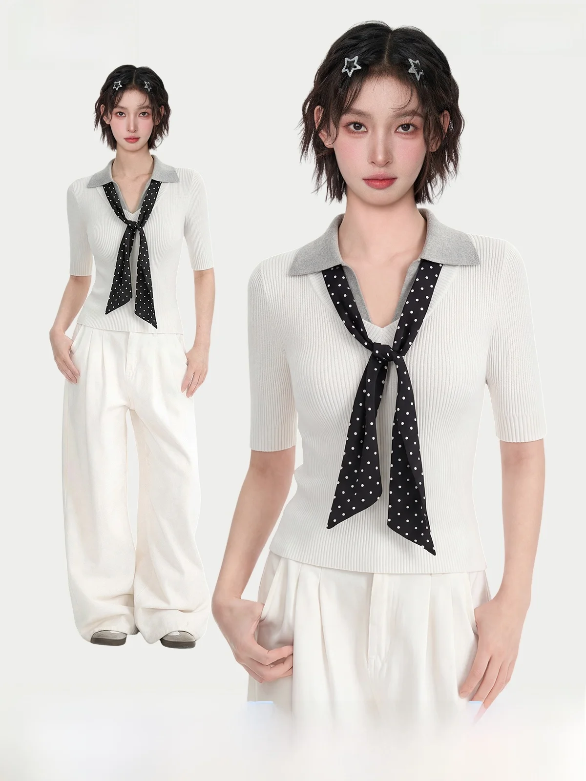 White Fake Two-Piece  Neck Short Sleeve T-Shirt Women Summer Shoulder Line Splicing Slim Fit Short Length Half Sleeve Top