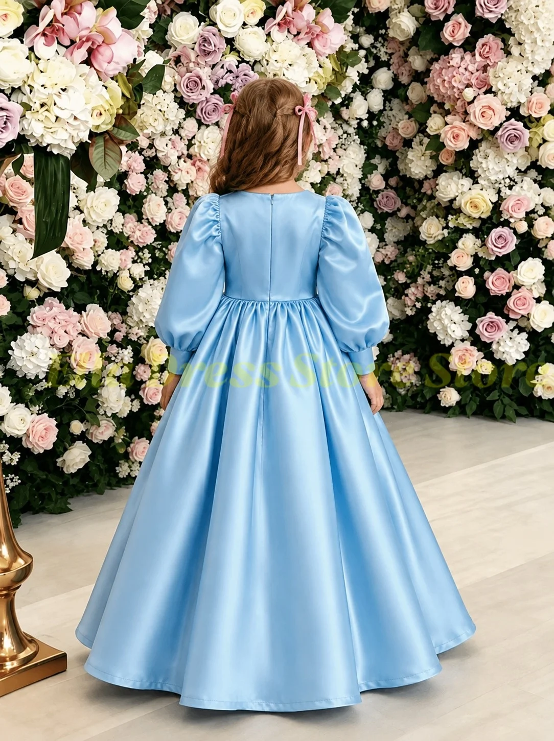 Großhandel Rosa Satin Rüschen-Blumenmädchenkleid Kleinkinder Ballonärmel Prinzessinnen-Kommunionkleid Maßgeschneidertes Hochzeits-Partykleid – Detail 2