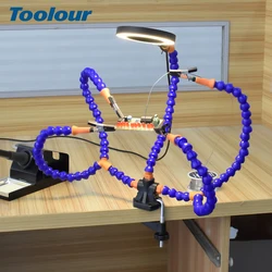 Toolour Helping Hands Soldering Third Hand Tools 5 Flexible Arms With Adjustable Table Clamp 3X LED Magnifier PCB Holder Tool