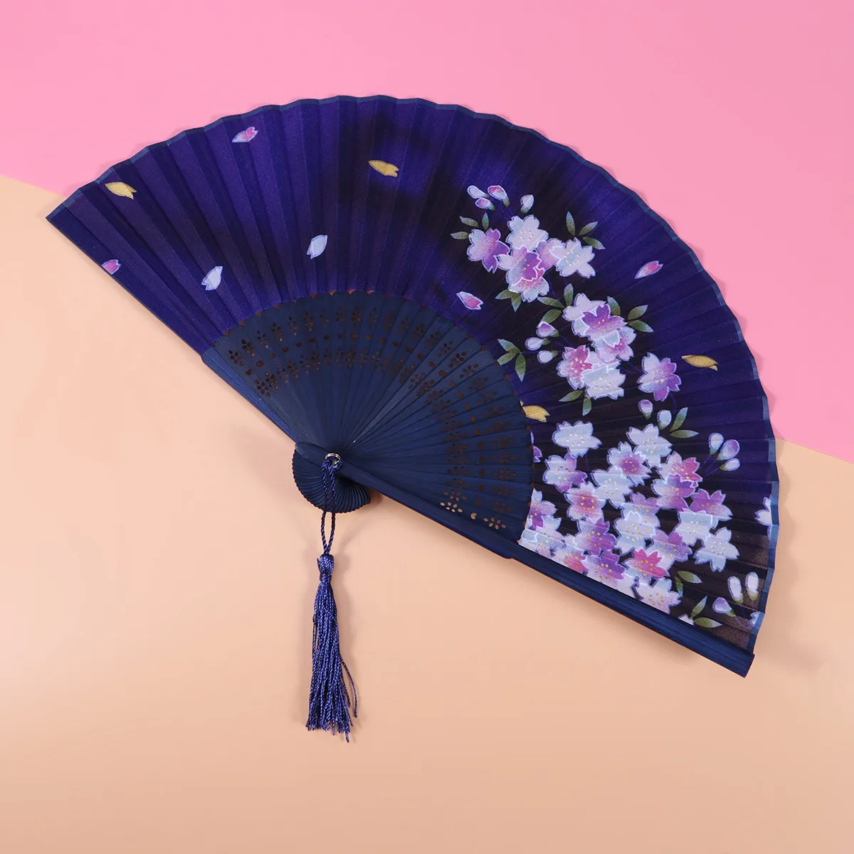 

Bamboo Silk Chinese Folding Fan Cherry Design Elegant Ladies Gift Performance Dance Hand Fans Blue Bone Blue Surface