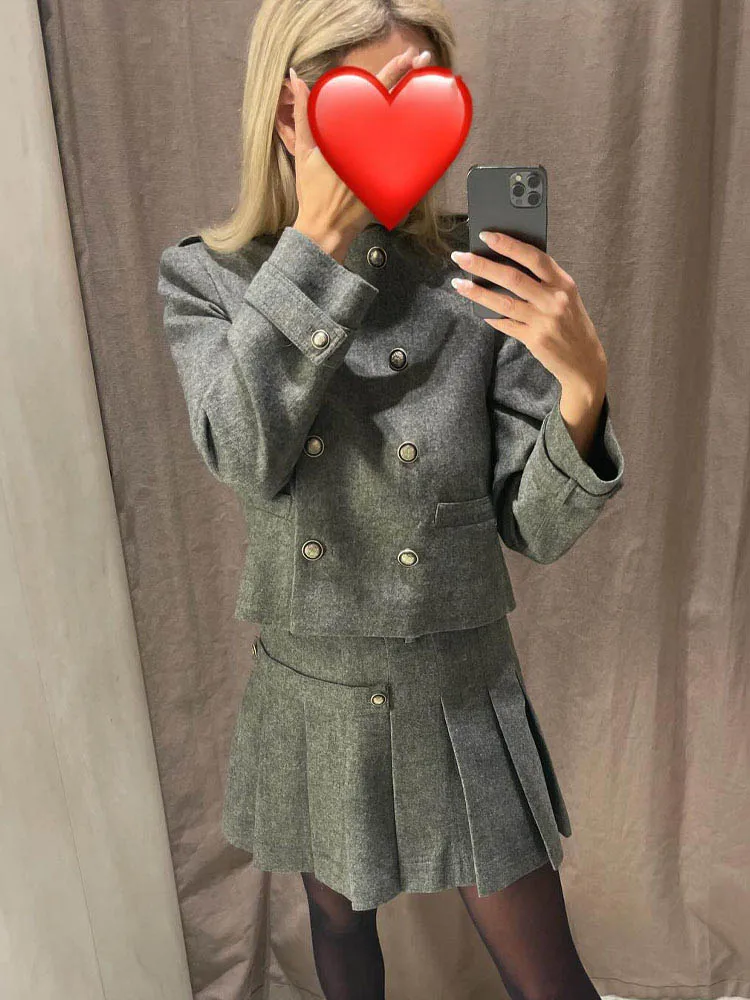 TRAFZA Damen-Rock, 2-teiliges Set, weiblich, neue Modeserie, einreihige Wollmischung, Jacke + eleganter, schlanker Reißverschluss, breiter Saum, Faltenrock