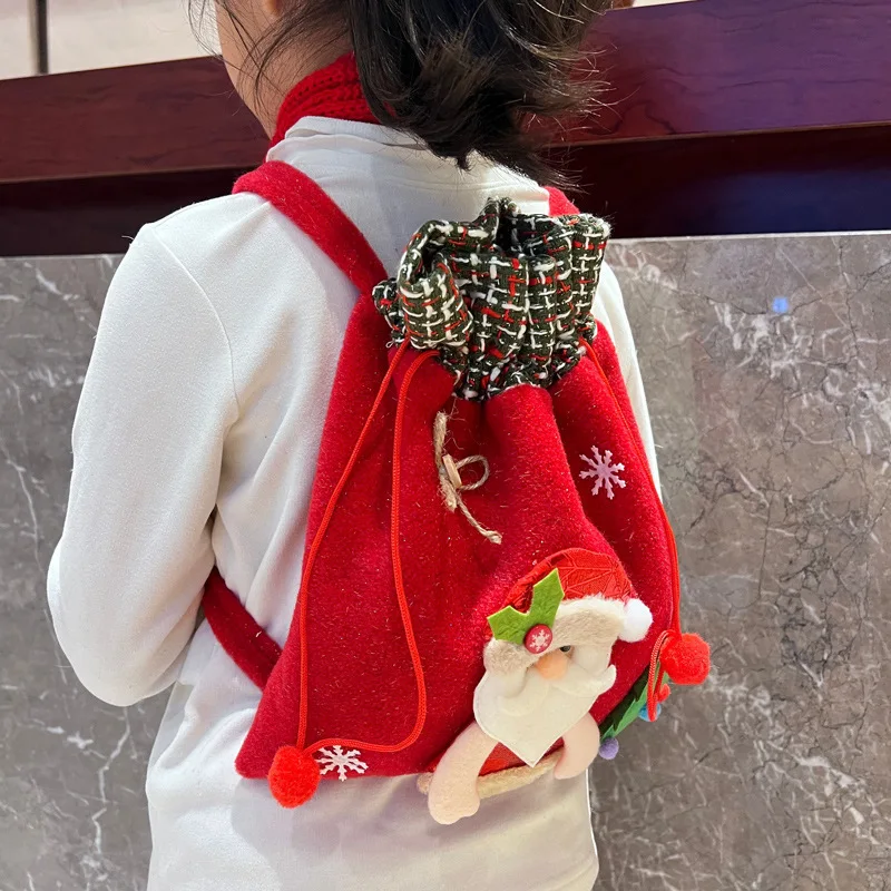 Boys and Girls Backpack Cartoon Santa Claus Children's Backpack Holiday Gift Portable Drawstring Pocket Christmas Eve Apple Bag