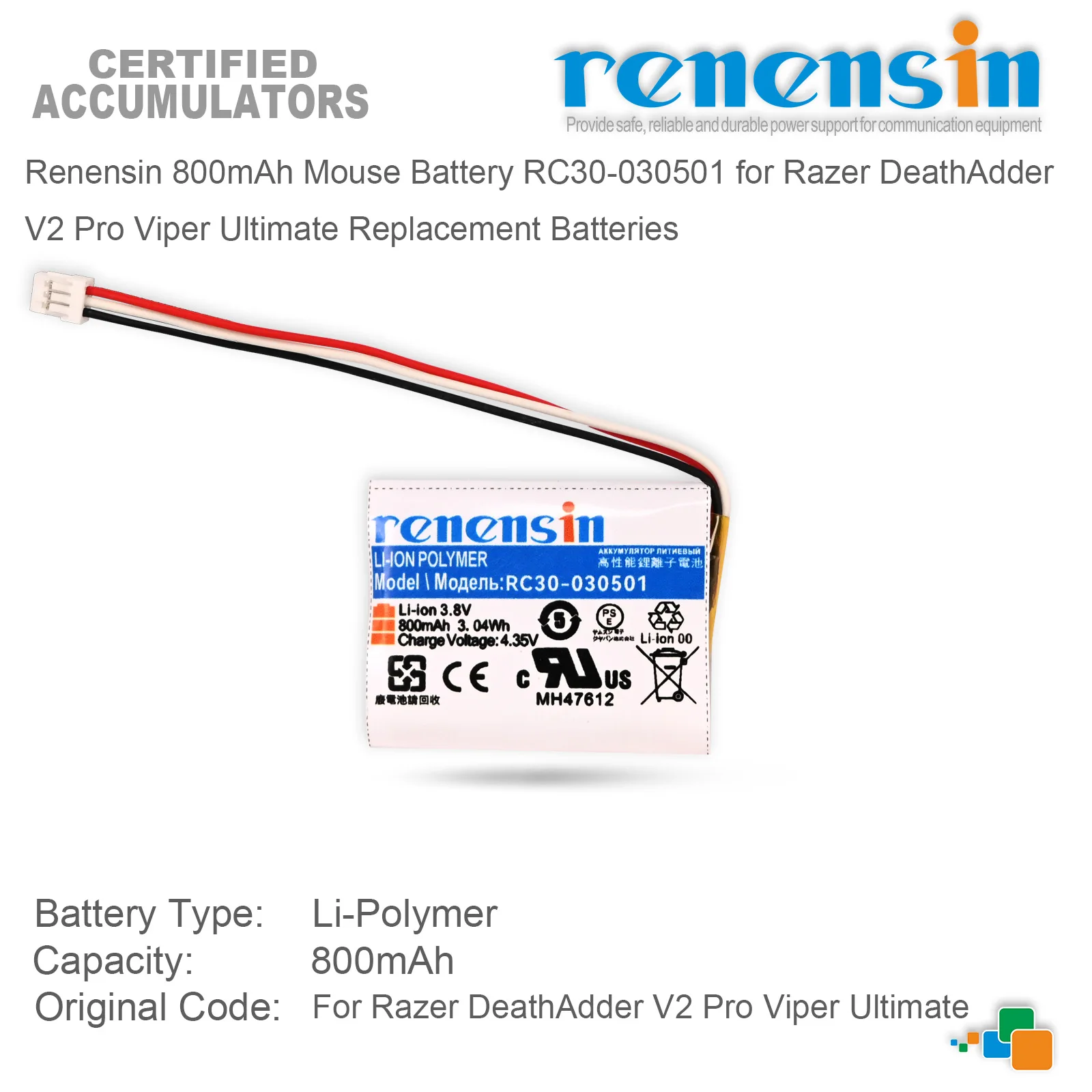 

Аккумулятор для мыши Renensin 800 мАч RC30-030501 для Razer DeathAdder V2 Pro Viper Ultimate, сменные аккумуляторы