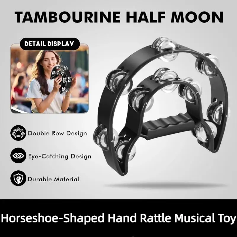 Half Moon Hand Tambourine With Double Row Metal Jingles And Durable Build Perfect For Parties Concerts Karaoke Events