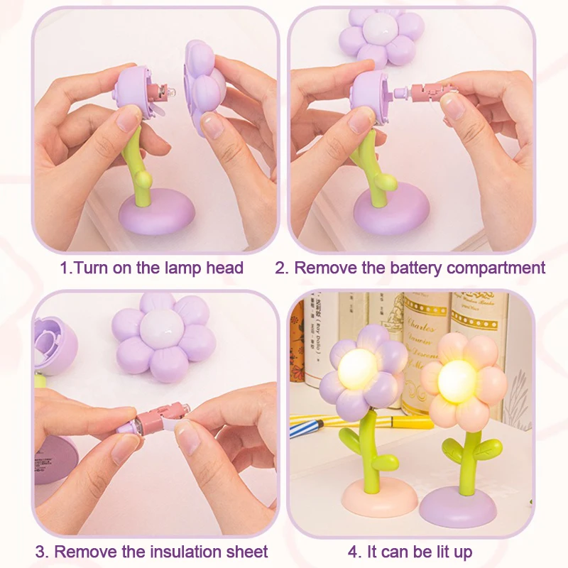Mini LED Flower Night Light Cute Small Table Lamp Desktop Ornament Bedside Bedroom Ambient Lights Children Toy Kids Holiday Gift