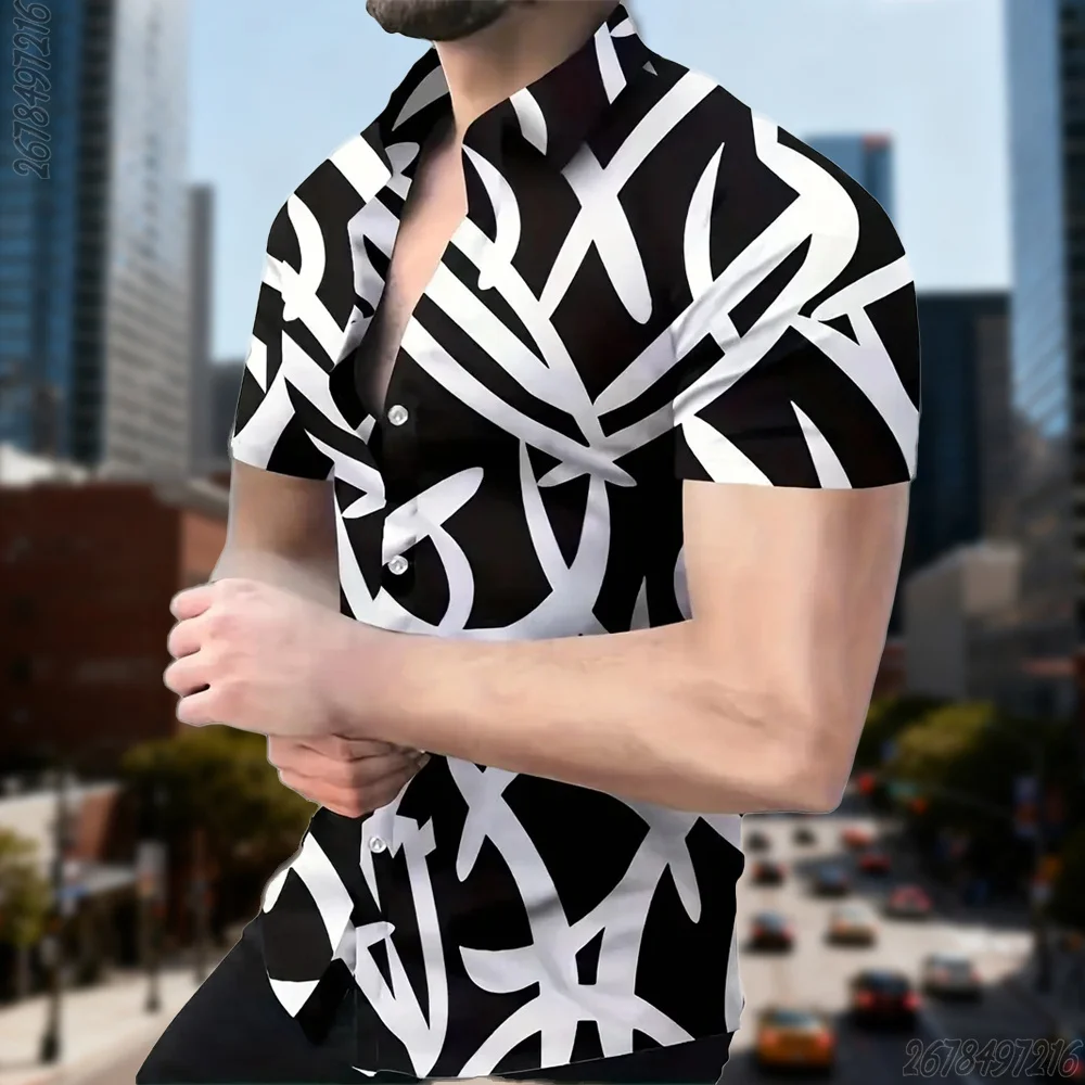 18-Color Men's Black and White Abstract Art Line Print Short-Sleeved Shirt Urban Fashion Lapel Button Shirt Hot Selling Style