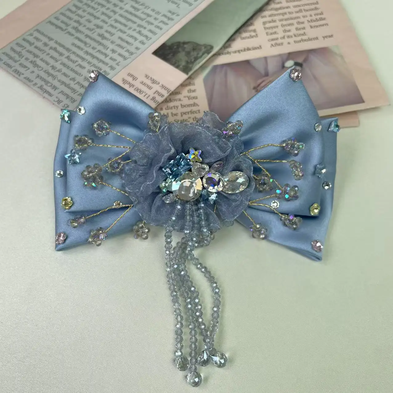 جديد الكورية نمط الأصلي مرصع بالماس سوبر الجنية الساتان طبقة مزدوجة شرابة القوس دبوس الشعر الربيع كليب #4