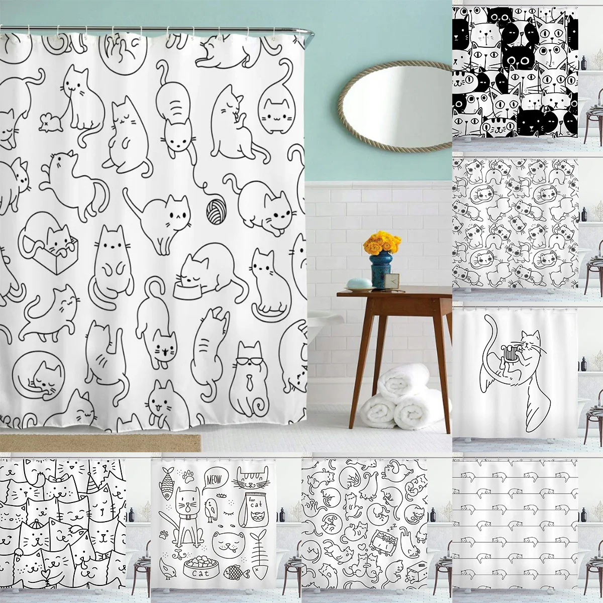 Black Line Katzen-Duschvorhänge, waschbarer Stoff, Polyester, für Badewanne, Kunst, Badezimmer, Dekor, Trennwand mit Haken, zum Aufhängen, wasserdicht – Detail 15