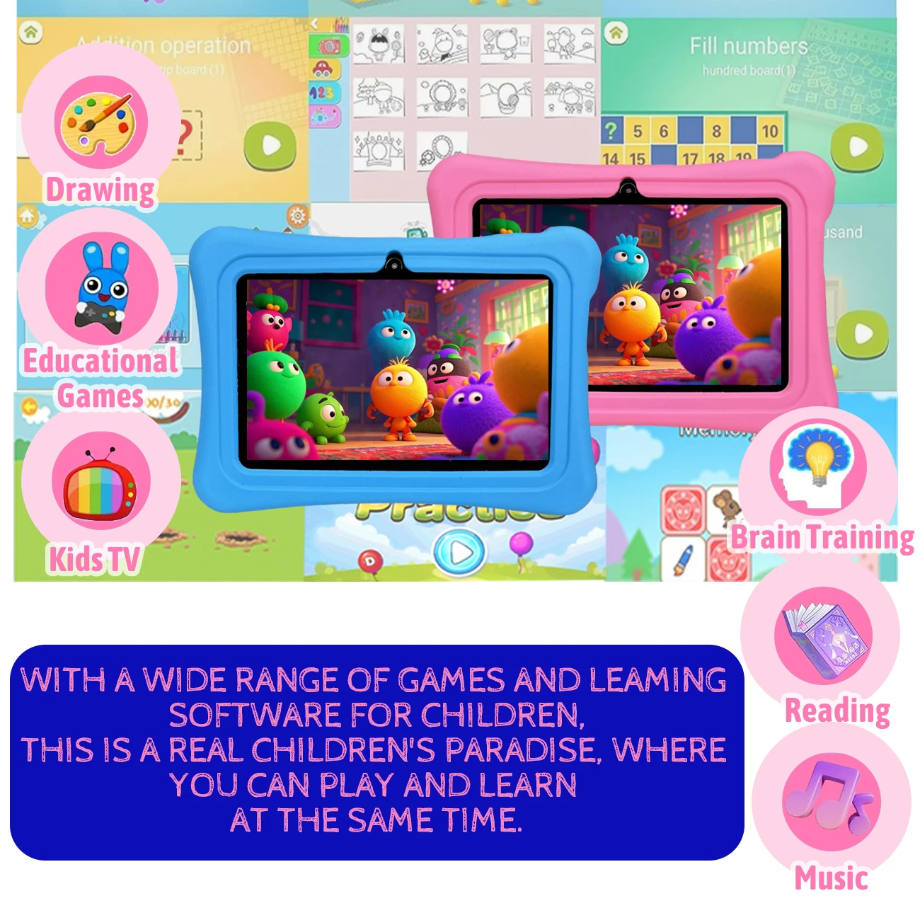 Suitable for Children Aged 3-12, 7inch Android Children's Tablet with Parental Control, Pre-Installed Educational Software, Dual Cameras, Supports Wifi, Two Color Options, Is a Favorite Gift for Children, Does Not Come with a Plug