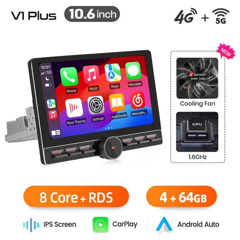 Junsun 10 inch draaibaar IPS touchscreen 1 Din universele draadloze autoradio voor Apple Carplay Android Auto, Androidauto stereo multimediaspeler, slimme intelligente systemen, GPS navigatie, head