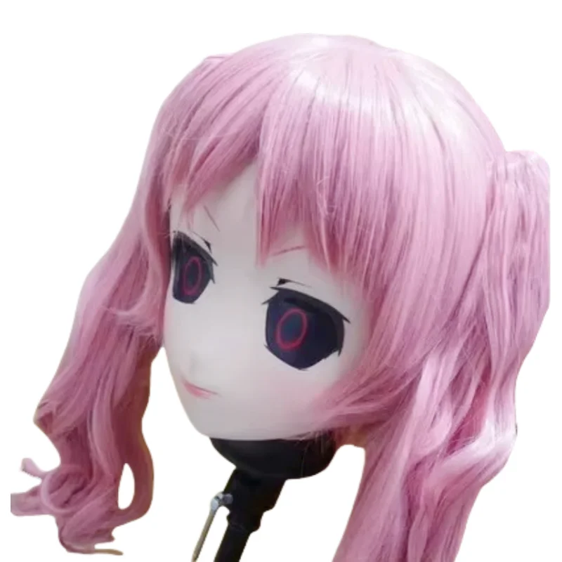 Handmade Female Silicone Rubber Face Mask Cosplay Pink Roll Hair Kigurumi Mask Crossdressing Anime Role Play