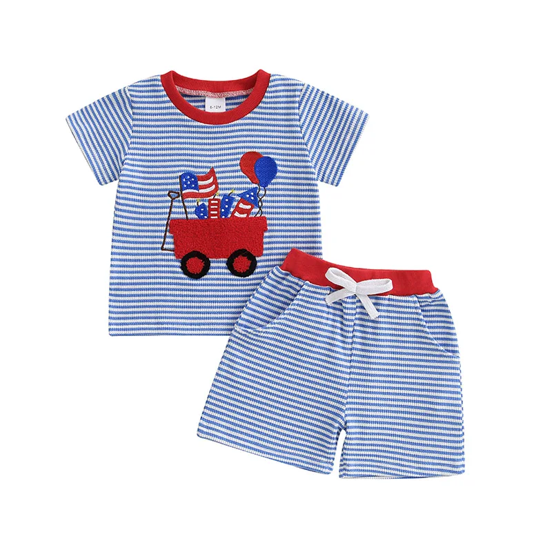 

4th of July Toddler Baby Boy Outfit USA Flag Embroidery Stripe Waffle Knit Short Sleeve T Shirt Tops and Shorts Set