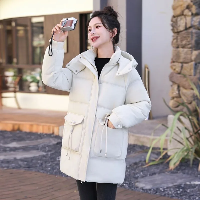 Women Mom Style Winter Thickened Hooded Cotton Coat Loose Warm Mid Length Jacket