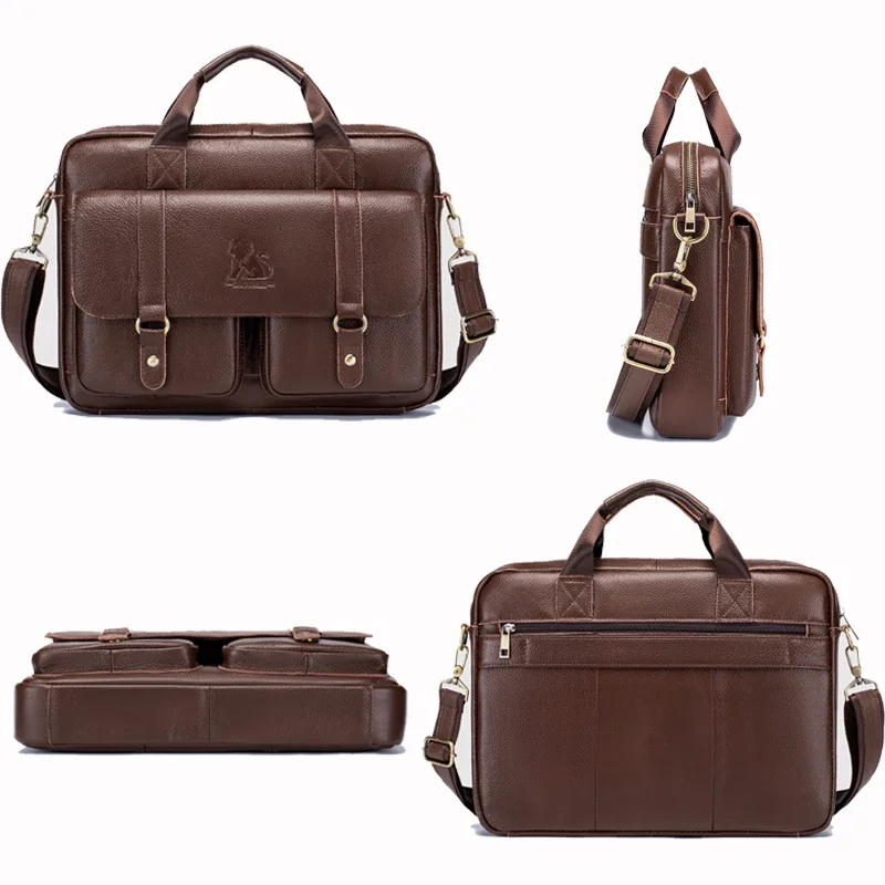 Genuine Leather Men's Briefcase with Double Front Pockets Large Capacity Computer Bag Diagonal Cross Handbag Laptop Briefcase