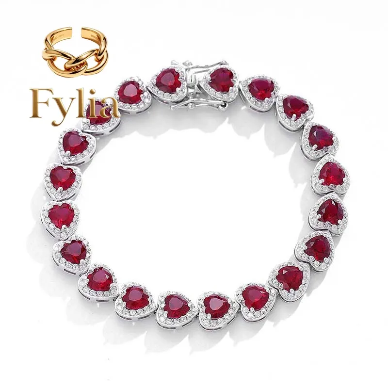 Fylia Jewelry   Luxury Solid Platinum PT950 Women's Pigeon Red Moissanite Diamond Heart-shaped Bracelet Tennis Chain