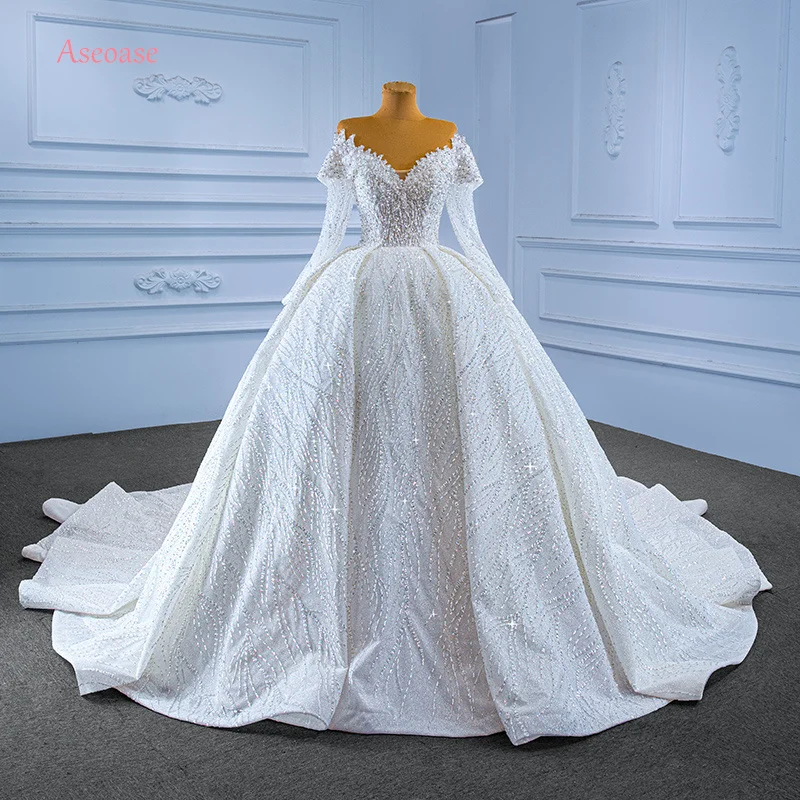 Aseoase Real Photo Muslim Wedding Dresses Ball Gown V-neck Long Sleeves Beaded Dubai Arabic Luxury Wedding Gown Bridal Dresses