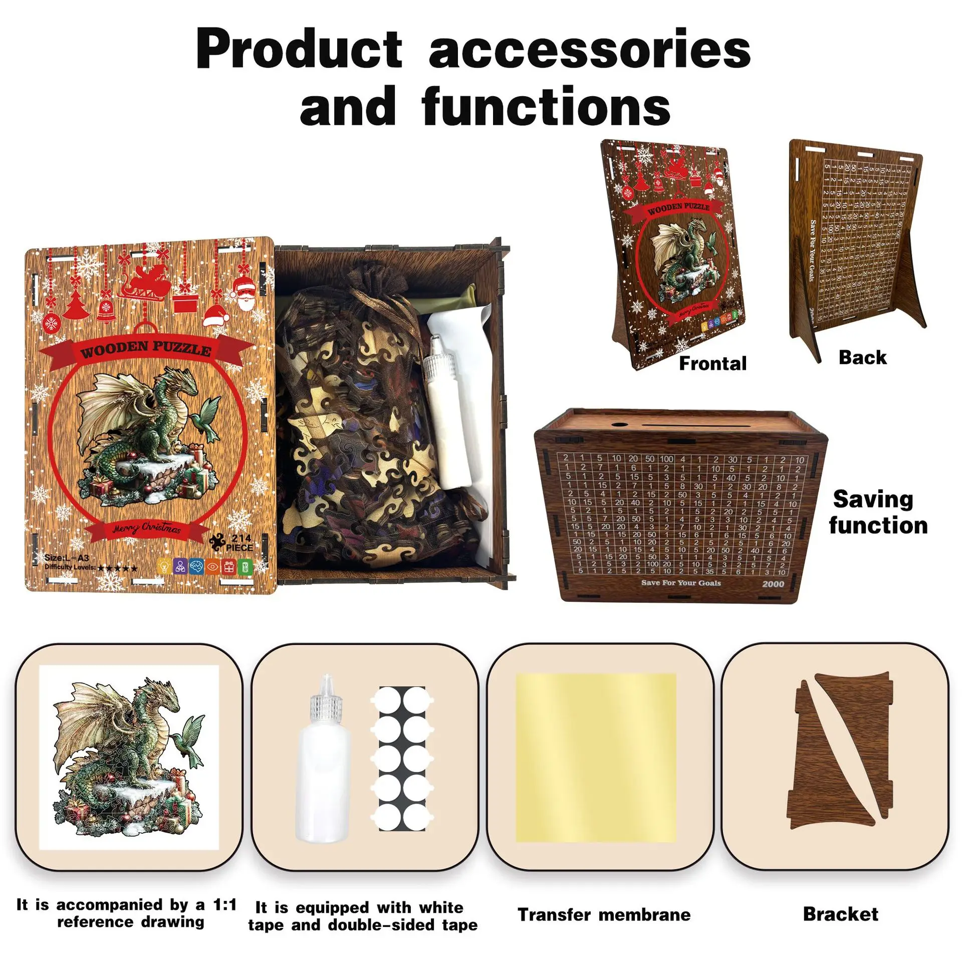 214 قطعة عيد الميلاد التنين بازل قطع خشبية غير النظامية على شكل لغز لعبة تخفيف التوتر عيد ميلاد حصالة على شكل حيوان هدايا ديكور المنزل