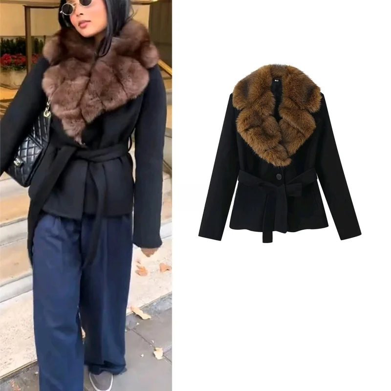 

Winter New Women's Casual Sle Knot Waist-Cinching Long Sve Wool Collar ort Length Coat Polyester Fiber
