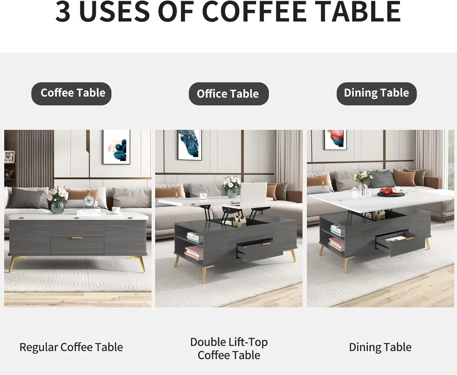 Modern Lift Top Coffee Multi Functional Table with Drawers, 47.24'', White+Gray