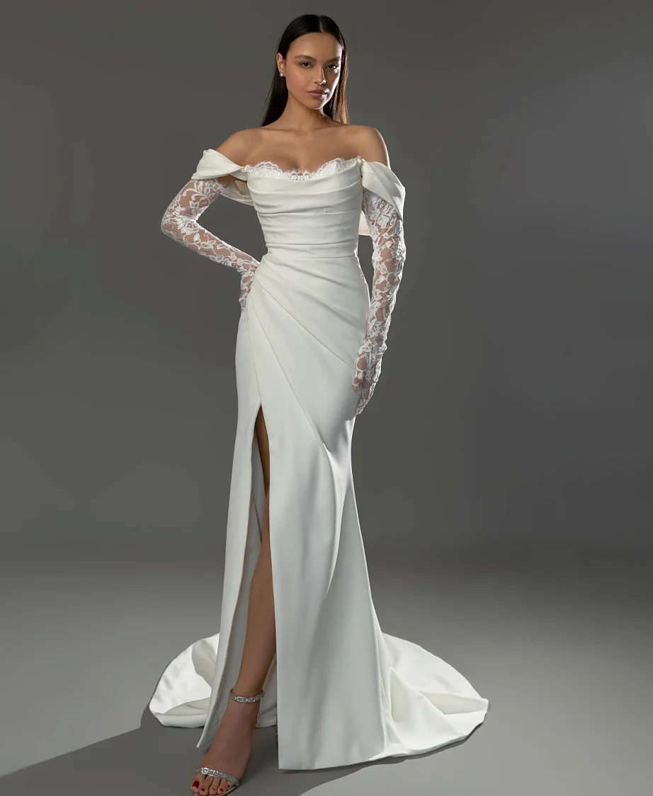 Vestido de novia sencillo de color rosa en la caja con guantes de encaje, vestidos de novia de sirena divididos de satén con hombros descubiertos, personalizados 2025