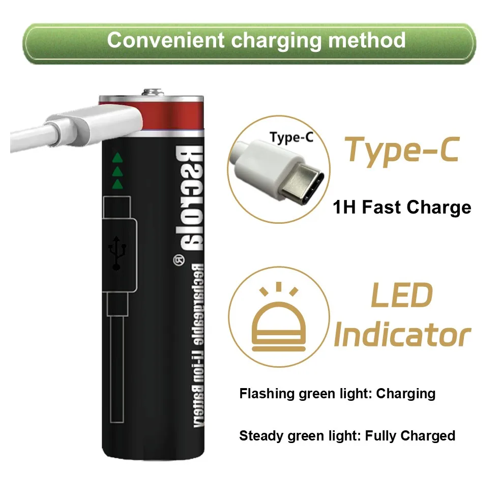 بطارية AA قابلة للشحن تدوم طويلاً وبطارية AAA قابلة لإعادة الشحن 12000 مللي أمبير في الساعة 8000 مللي أمبير في الساعة 1.5 فولت بطاريات ليثيوم أيون مع كابل TypeC #3