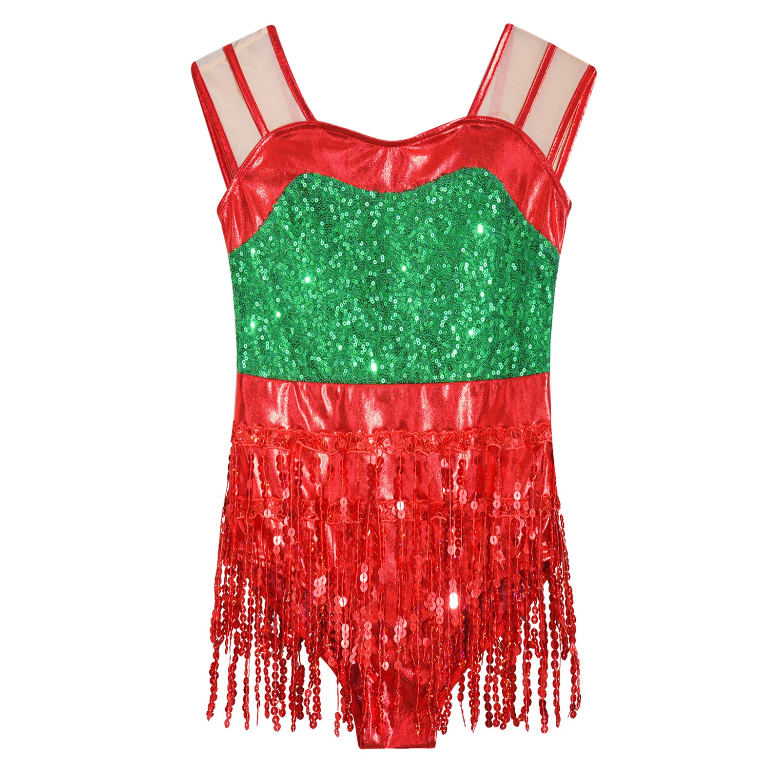 Kids Girls Christmas Dance Party Costume Latin Cha-cha Tango Samba Rumba Performance Dancewear Sleeveless Sequin Tassels Leotard