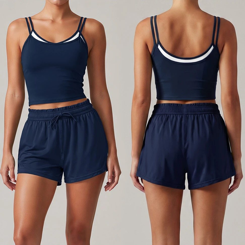 Women 2 Piece Yoga Set Fake Two‑Piece Sports Tank Top Built‑in Bra Drawstring Shorts Workout Clothes Gym Running Activewear Set