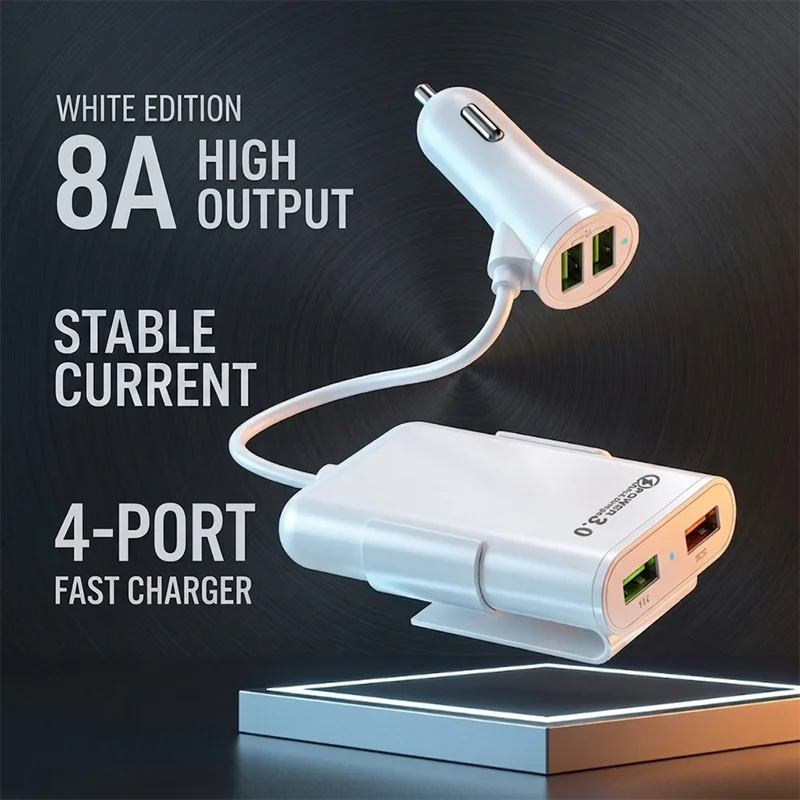 

4-Port USB Car Charger 8A 40W Quick Charge 3.0 Fast Charging Adapter with Backseat Extension Cable and Clip For iPhone 17 16 15