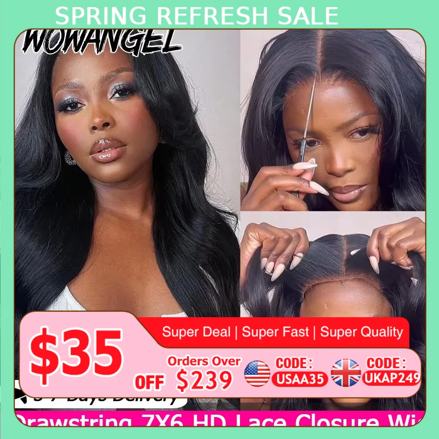 WOWANGEL Bye Bye Knots 7x6 HD Lace Closure Wig Body Wave Human Hair Wig With Invisi Drawstring Wear & Go Glueless Wig For Women